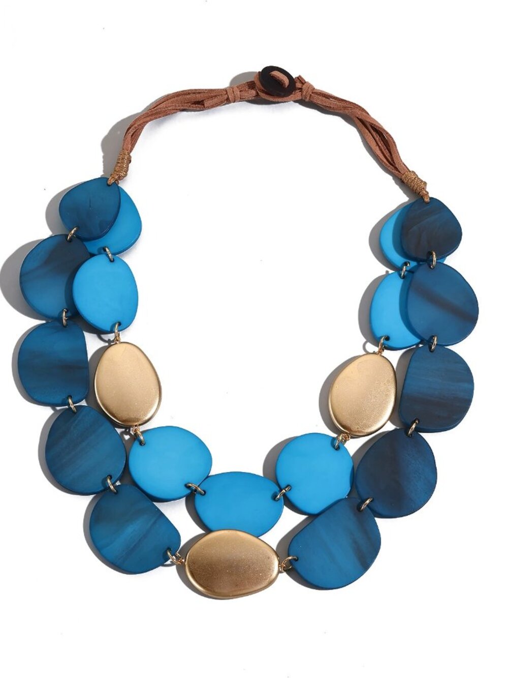 Chunky Blue Gold Acrylic Disk Bib Statement Necklace Cord Button Clasp